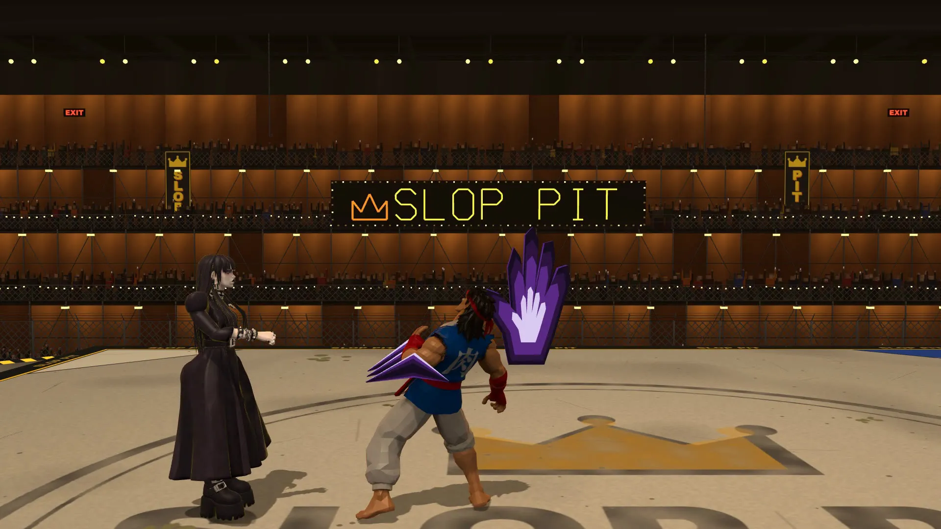 In the Slop Pit, Nyx raises a shadow hand behind FightGuy: Grasp is about to drag him to her feet.