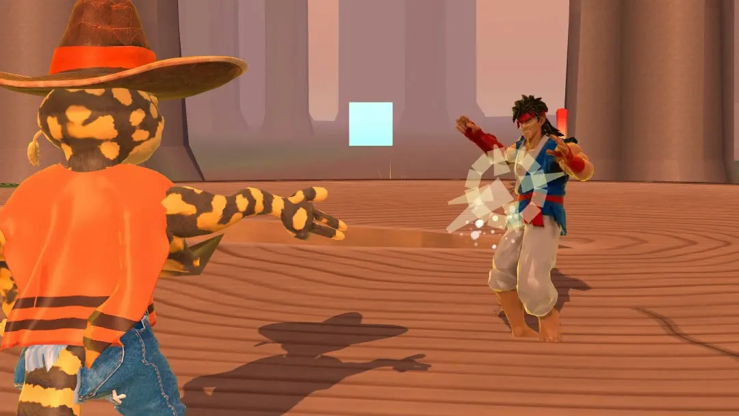 Salamander’s finger guns hit FightGuy among the giant trees of Log Off.