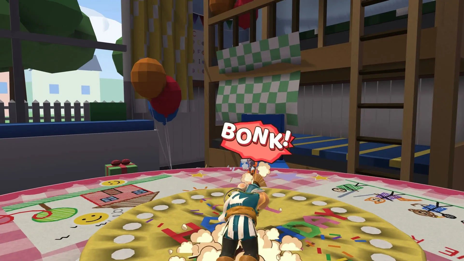 Sir Bonk’s Targeted Jump Slam lands on Manki in the middle of a birthday cake. BONK!