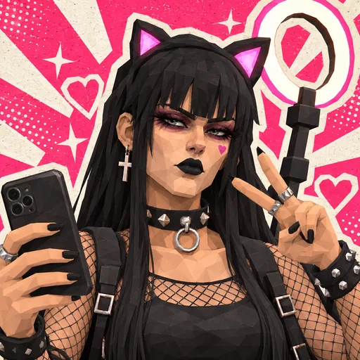 Nyxxie, the fake form, holding her phone and making a peace sign