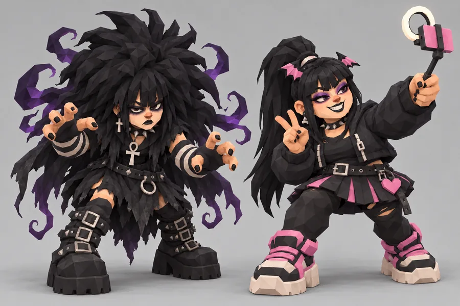 Round 2 concept: a squat gremlin goth with huge hair