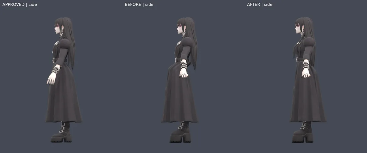 Side view of the approved model, the broken fit and the fixed fit